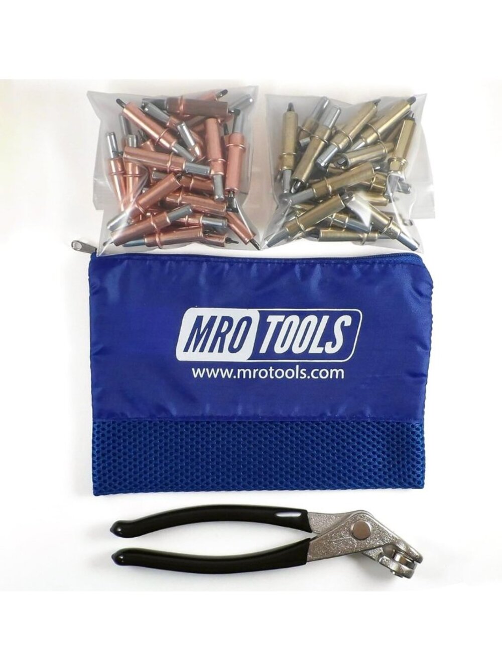 Versatile Cleco Fasteners Kit with Pliers & Mesh Bag - 25 1/8 & 25 3/16 Sizes